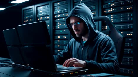 un experto en ciberseguridad que participa activamente en el trabajo dentro de un entorno de centro de datos