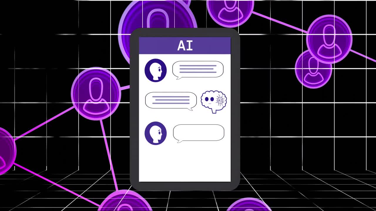 Animation of ai chat and data processing over tablet screen and grid