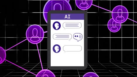 animation of ai chat and data processing over tablet screen and grid