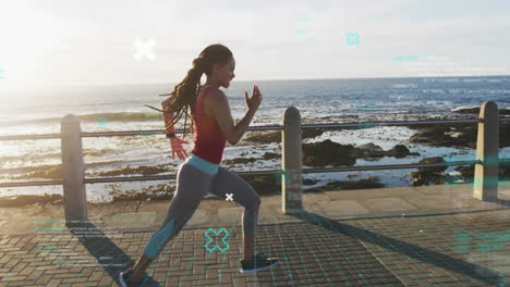 corriendo a lo largo de un camino junto al mar, mujer haciendo ejercicio con datos de fitness animación sobre la escena