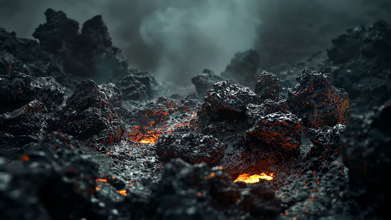 Opening on volcanic field, molten lava pockets pulsing beneath jagged rocks while smoke rising