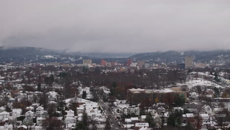 aerial view of downtown binghamton on a winter day.