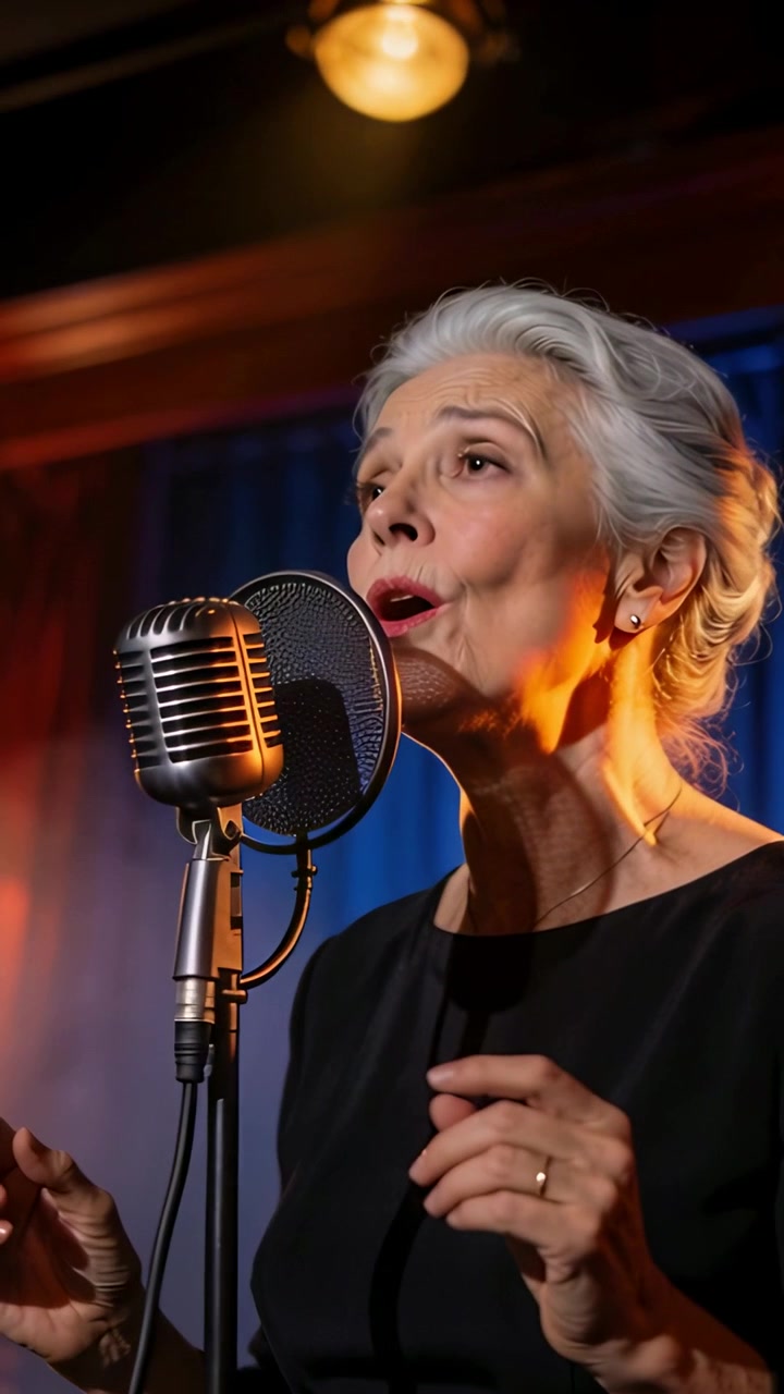 Video verticale: Cantante anziana che inspira in abito nero che canta sul palco, con un filtro anti-pop per microfono retrò