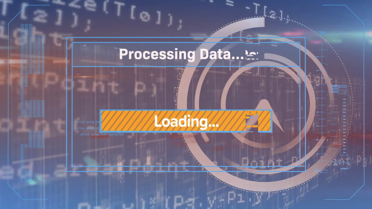 Animation of text and data processing over screen and circuit board