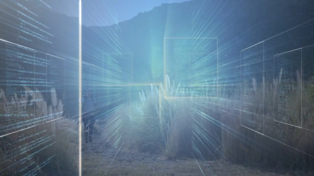 Woman walking left behind tall grasses while frames advancing activating blue HUD portal for tech