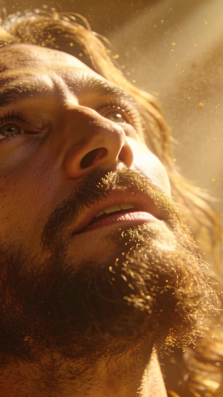 Video verticale: Uomo barbuto che guarda verso l'alto, osservando la luce salire in studio, rivelando particelle di polvere.