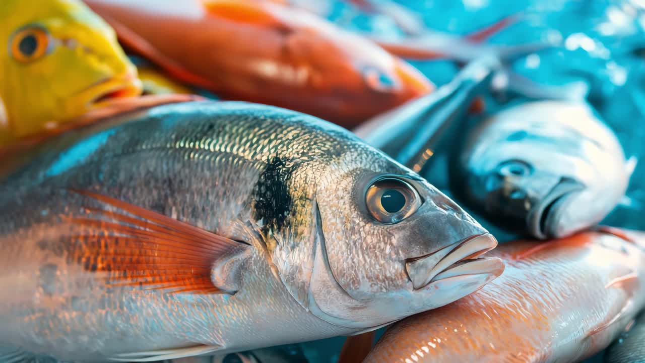 Vibrant seafood composition lying on crushed ice, displaying multiple fish species from local market with fresh, colorful assortment representing marine diversity and culinary potential