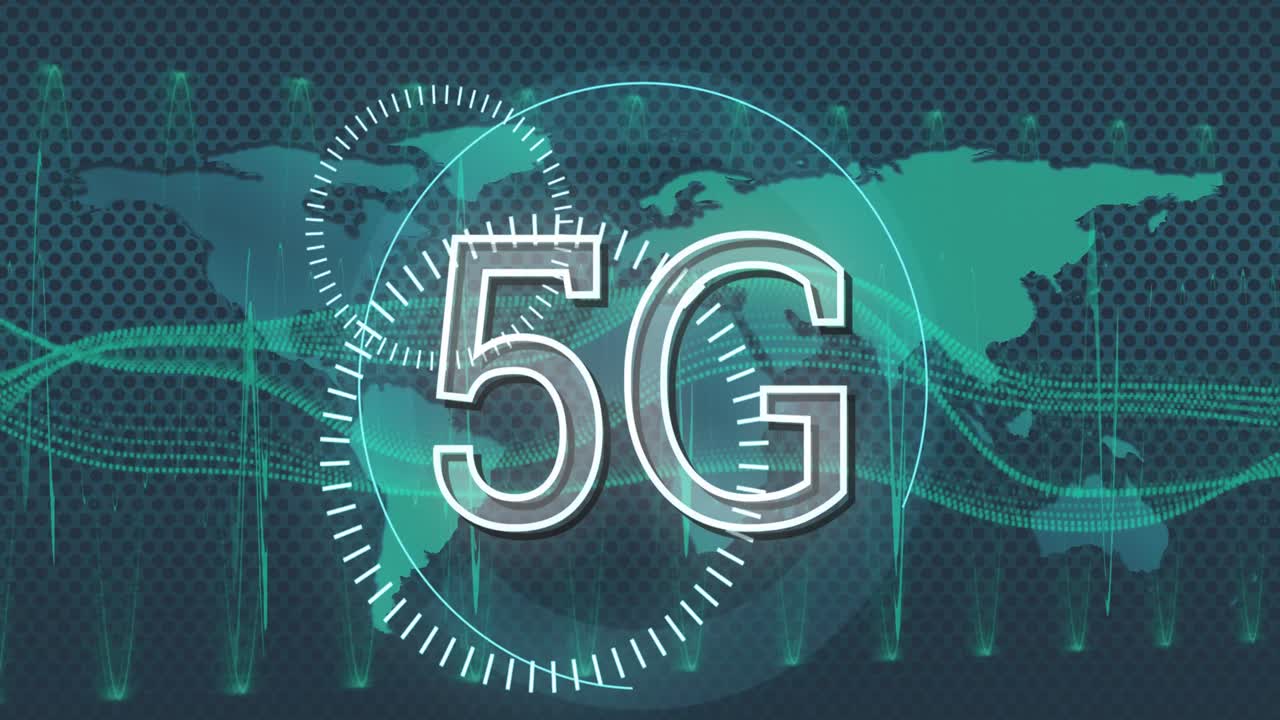 texto de 5g sobre escáneres redondos y mapa del mundo contra ondas digitales en fondo azul