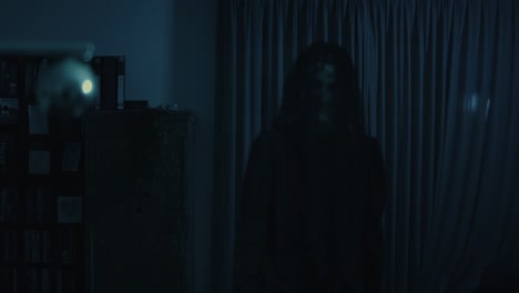 horror scene - a ominous demon slowly walks through a living room