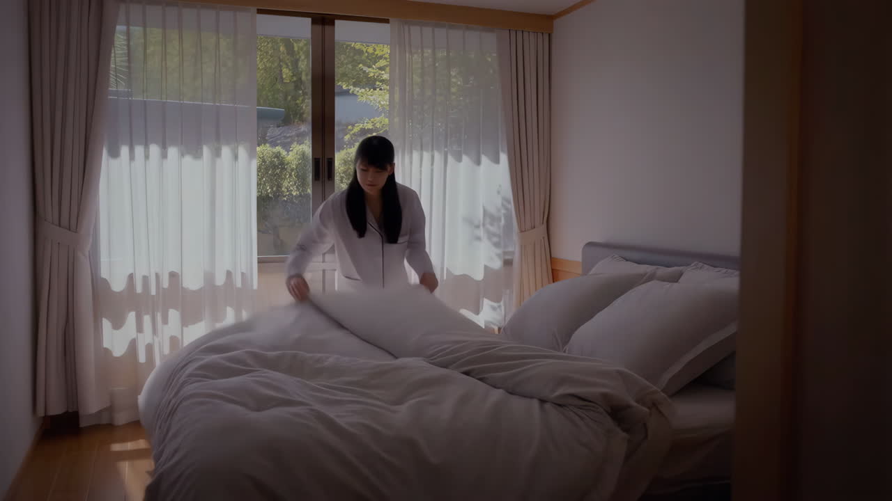 침실에서 침대를 짓는 여자