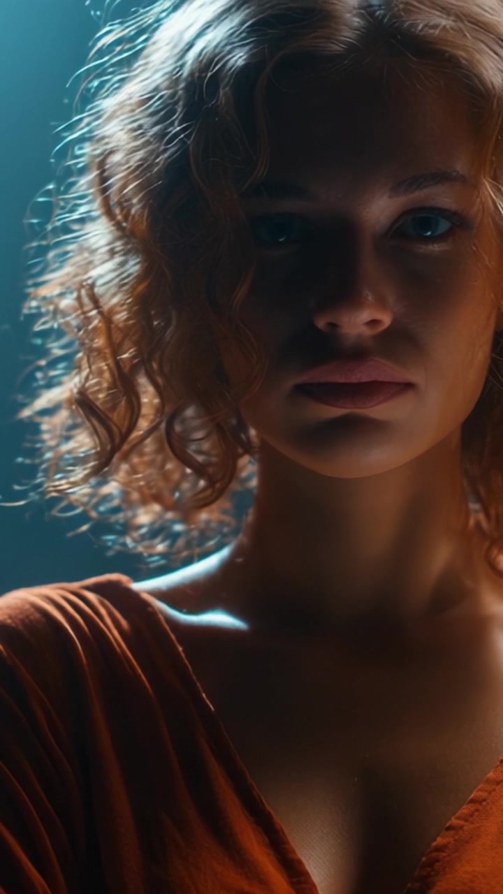 Primo Piano Intenso di una Donna con Capelli Ricci Catturato con Illuminazione Drammatica, Che Mostra Emozione e Profondità in un'Atmosfera Mistica, Rivelando un Conflitto Interiore.