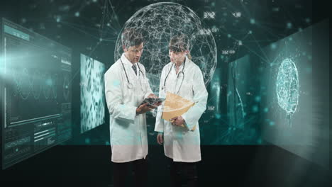animación del procesamiento de datos sobre médicos caucásicos masculinos y femeninos hablando