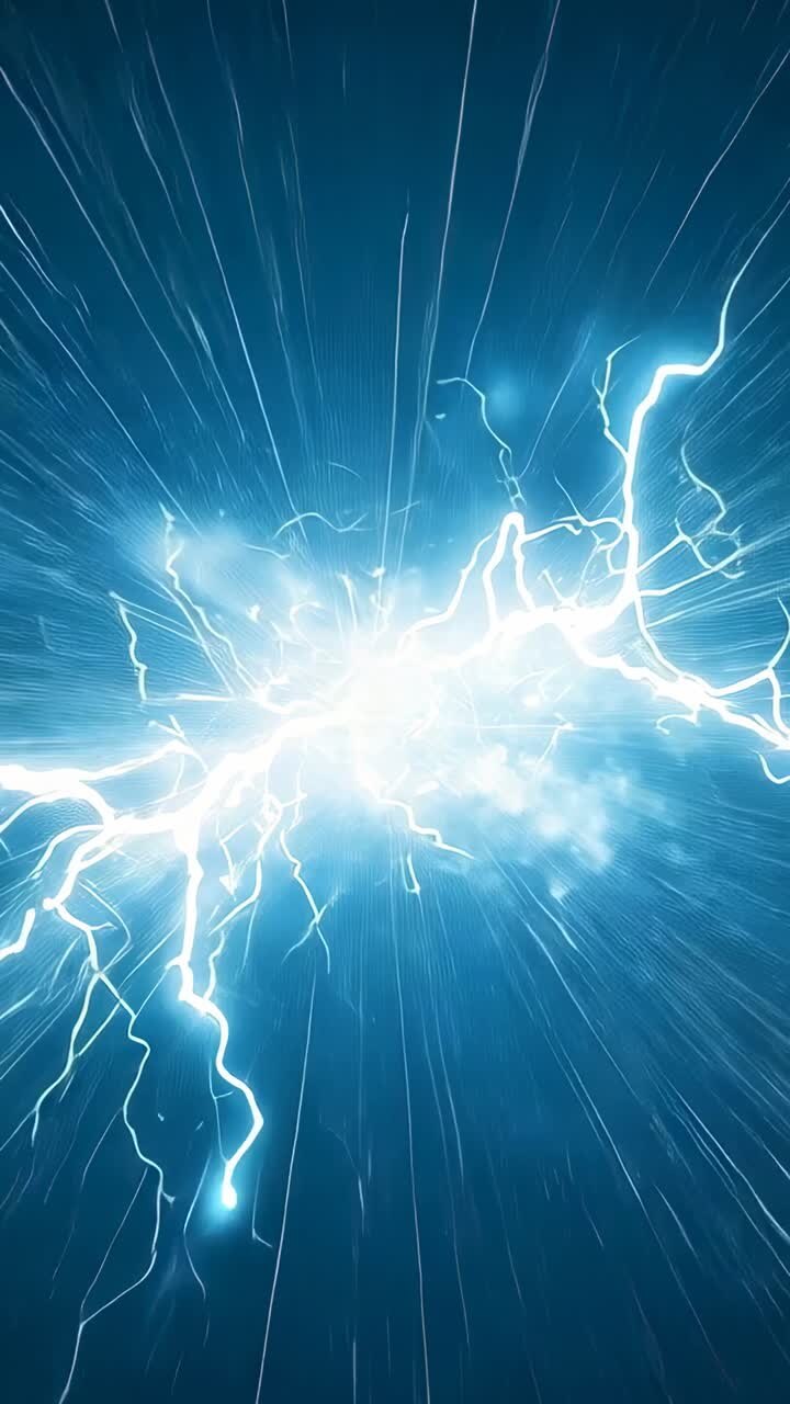 Vídeo vertical: animação de raio evoluindo como núcleo se formando em um campo azul esverdeado com ramificações, criando uma explosão