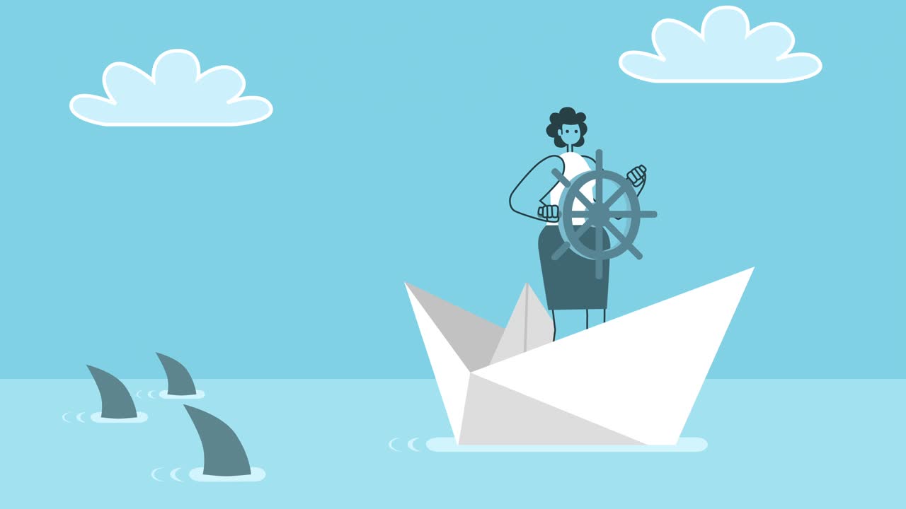 세 개의 상어 공격에서 종이 배로 멀리 항해하는 만화 여성. 평평한 디자인 2d 캐릭터 고립 루프 애니메이션