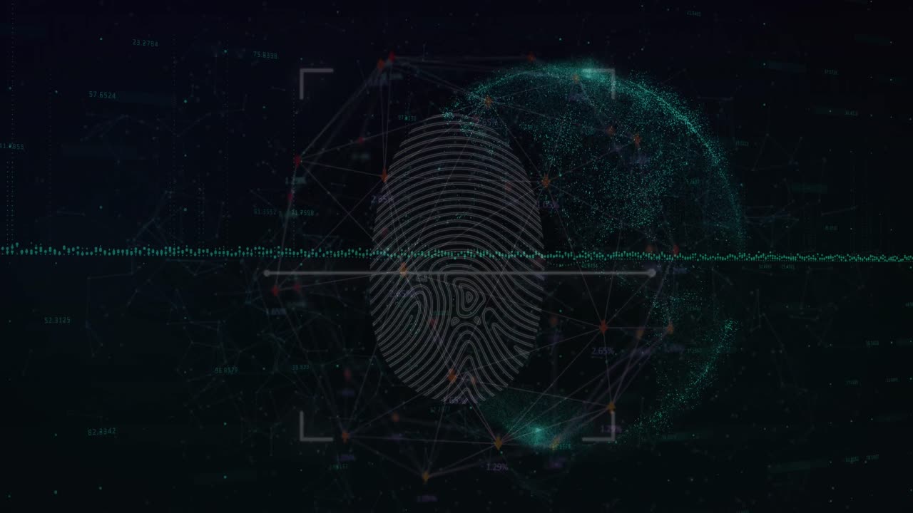 animación del globo con procesamiento de datos y huellas dactilares en fondo negro