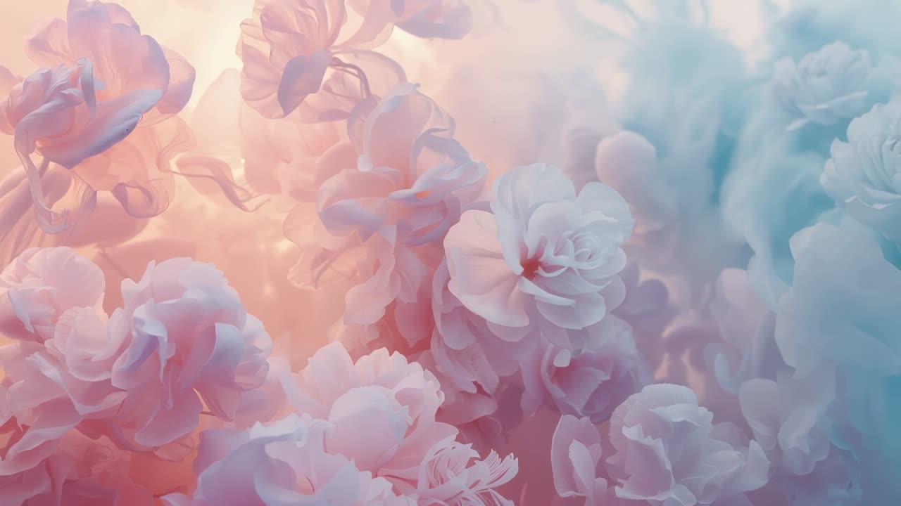 Shifting pastel plume cluster drifting in studio macro, responding to warm left glow and cool mist