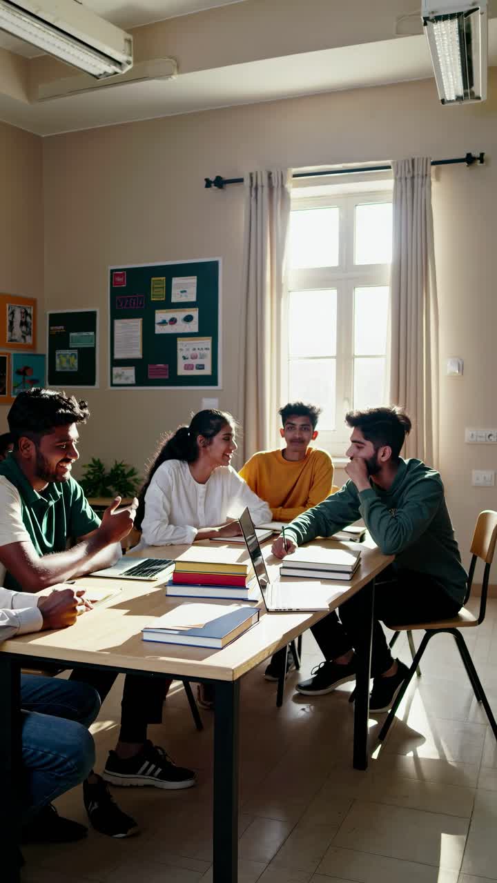 A group of students in a classroom, engaged in discussion. The side angle captures natural light