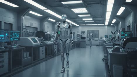 a futuristic laboratory scene featuring advanced robotics: two sleek robots navigate a high-tech workspace filled with cutting-edge equipment and displays