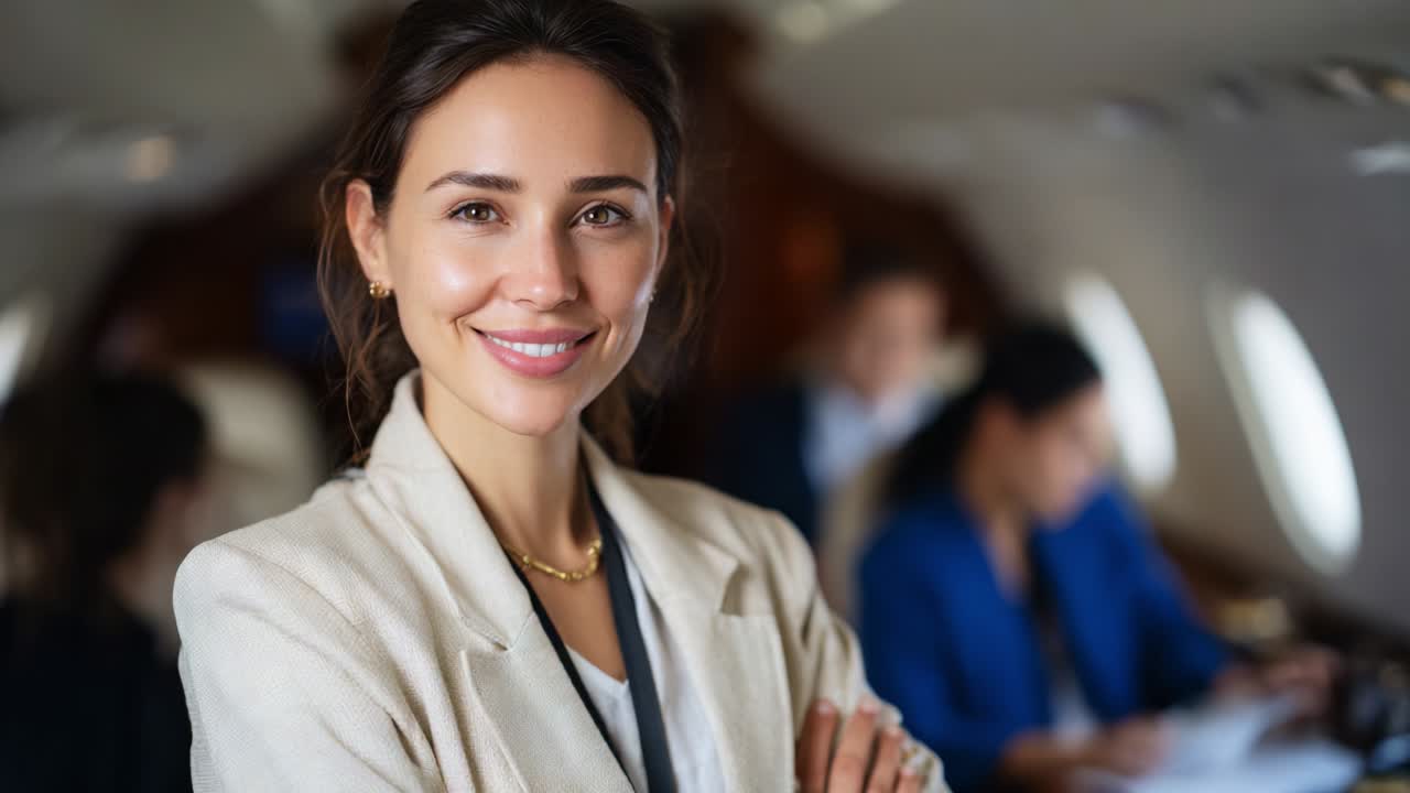 A confident woman in a private jet, showcasing elegance and professionalism amidst a busy atmosphere, exuding warmth and charm as she stands poised, ready for her next adventure in the skies