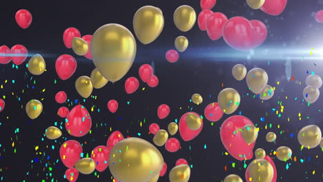 floating red and gold balloons with confetti animation on dark background