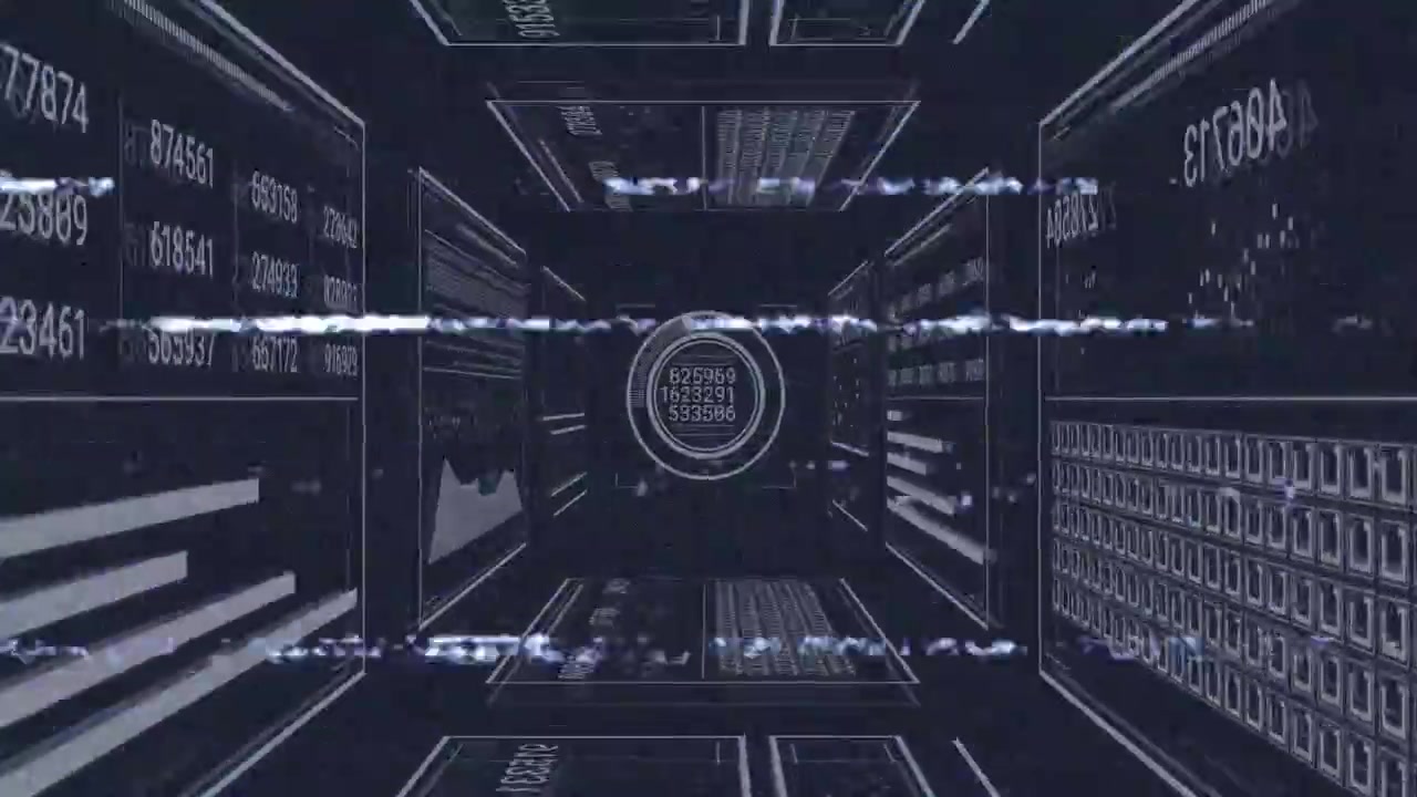 Glitch lines sweeping corridor starting reticle locking point with panels scrolling codes for scan