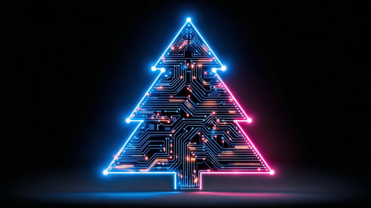 A Futuristic Digital Christmas Tree Illuminated with Circuit Patterns and Vibrant Neon Colors, Merging Traditional Symbolism with Modern Technology in a Spectacular Display