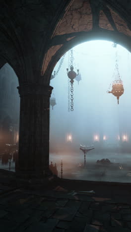 dark and foggy interior of a gothic castle