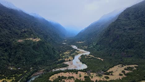 aerial view truck left in the cochamo valley on a cloudy day