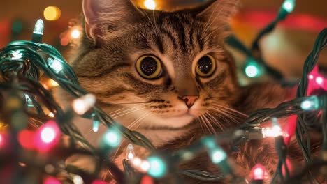 Adorable tabby kitten playfully interacts with colorful Christmas lights, batting and biting at the glowing strands with wide eyed curiosity