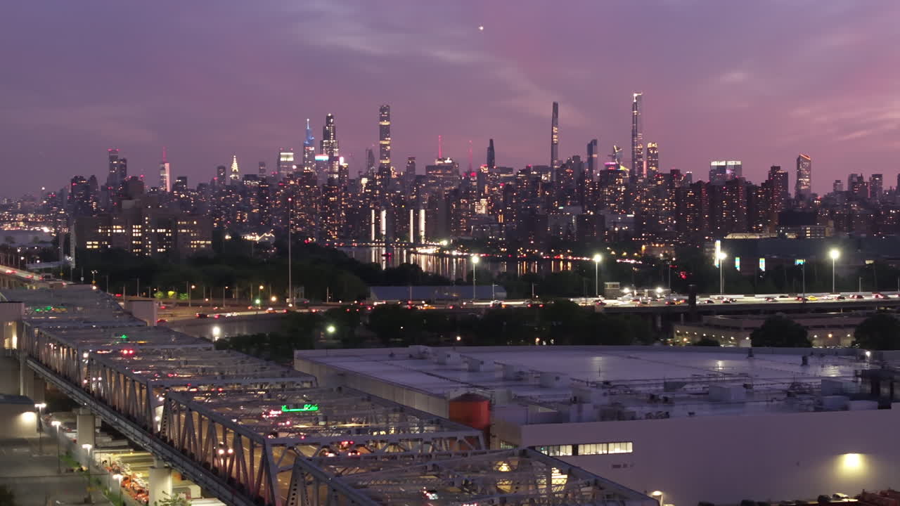 Drone shot of The Bronx at night. Shot in New York City.