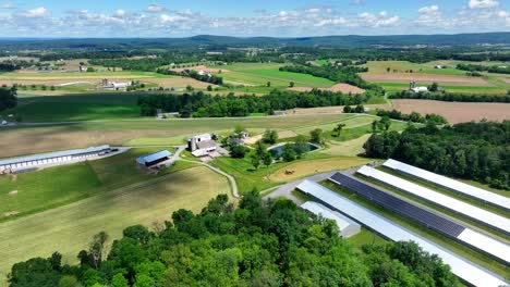 aerial establishing shot of rural landscape with farmland and forest trees