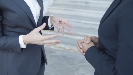 cropped shot of two unrecognizable businesswomen in suits meeting outside, shaking hands, talking and gesturing