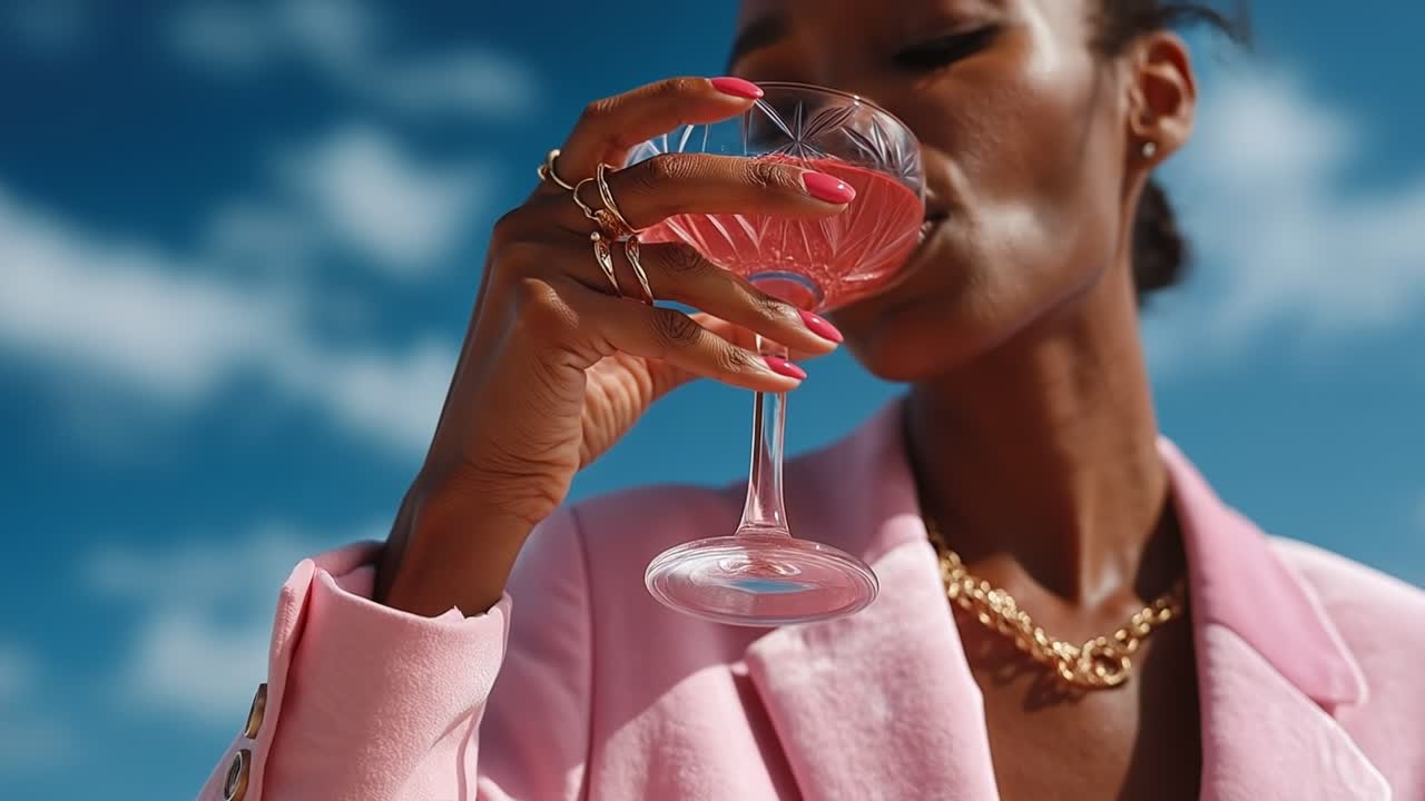 Elegant sort kvinde i pink blazer, der holder en forfriskende cocktail under en luksuriøs havefest