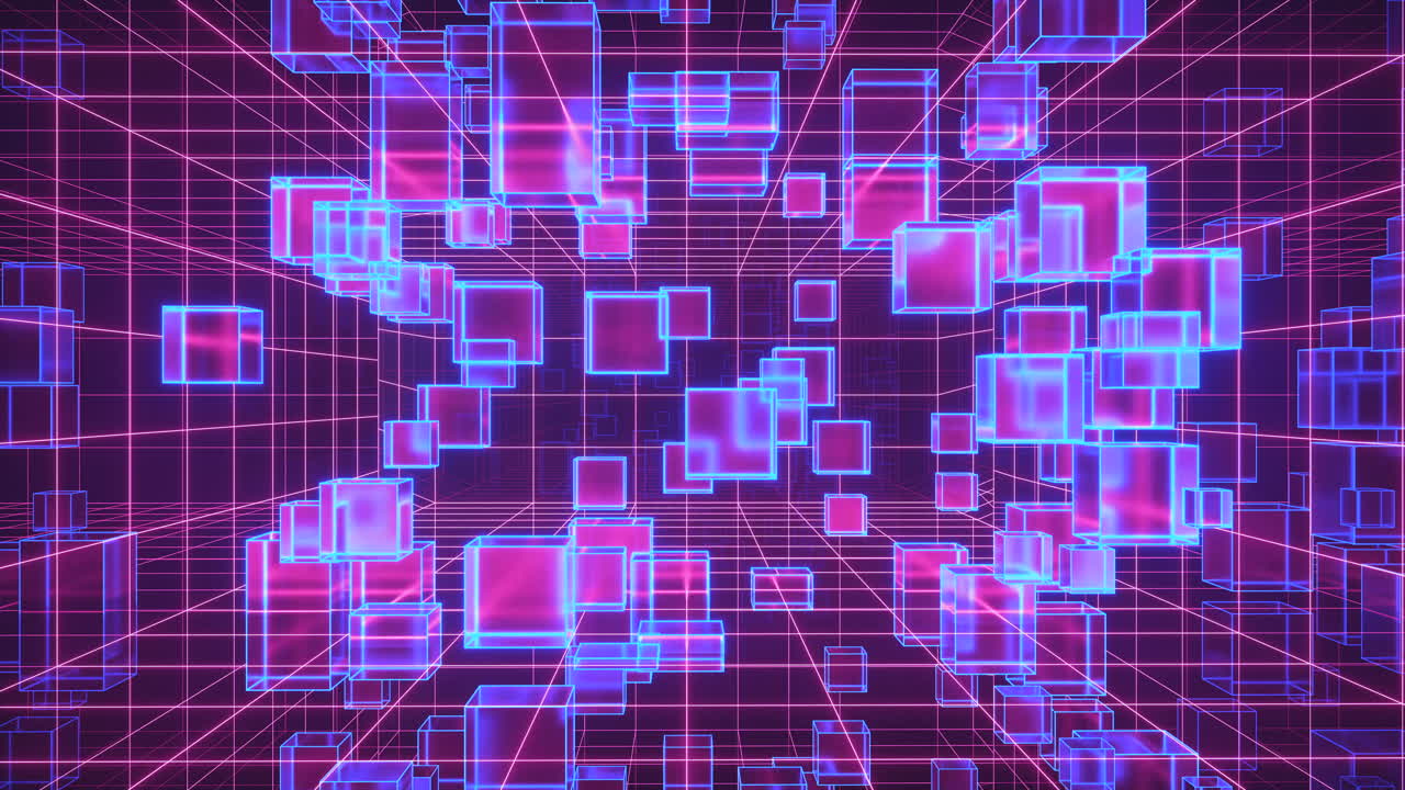 túnel del ciberespacio con cubo de geometría, representación en 3d.