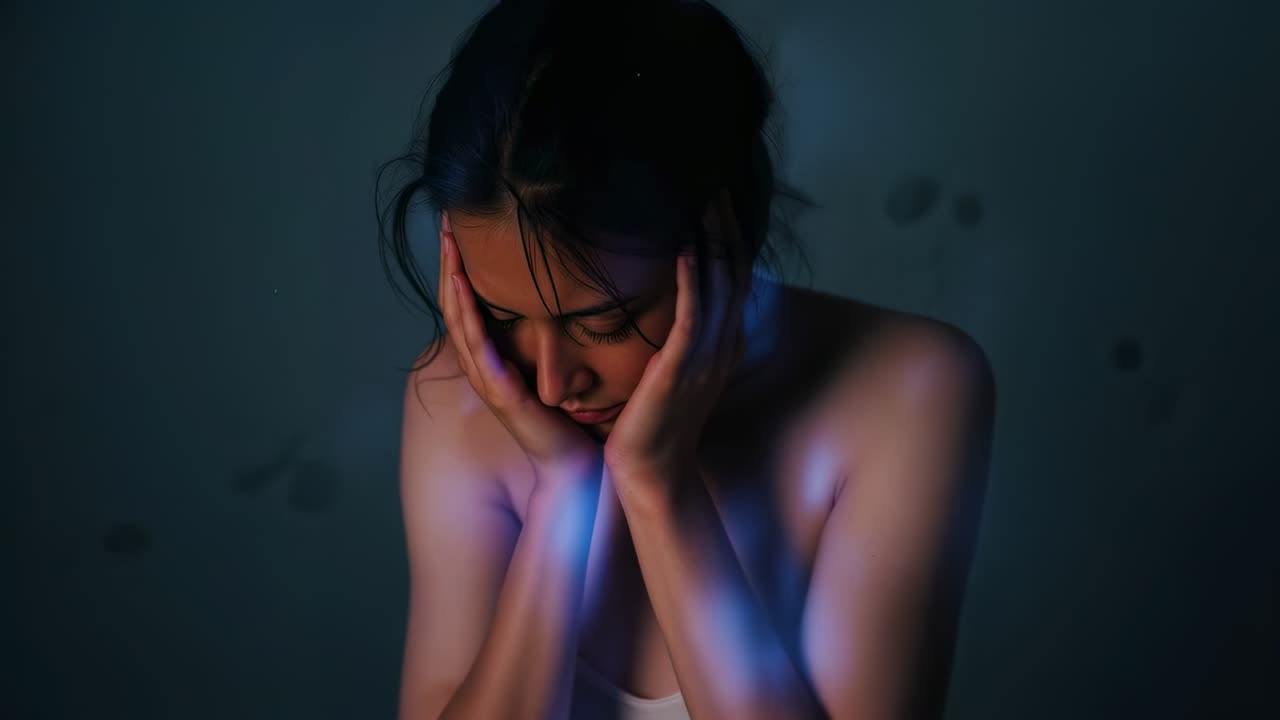 Donna senza bretelle che si copre il viso con le mani, si inchina e si curva in studio con una fascia blu che le attraversa il petto, tesa