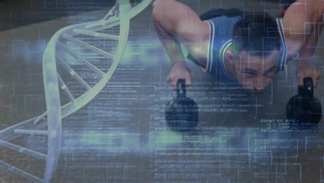 man exercising beside dna helix