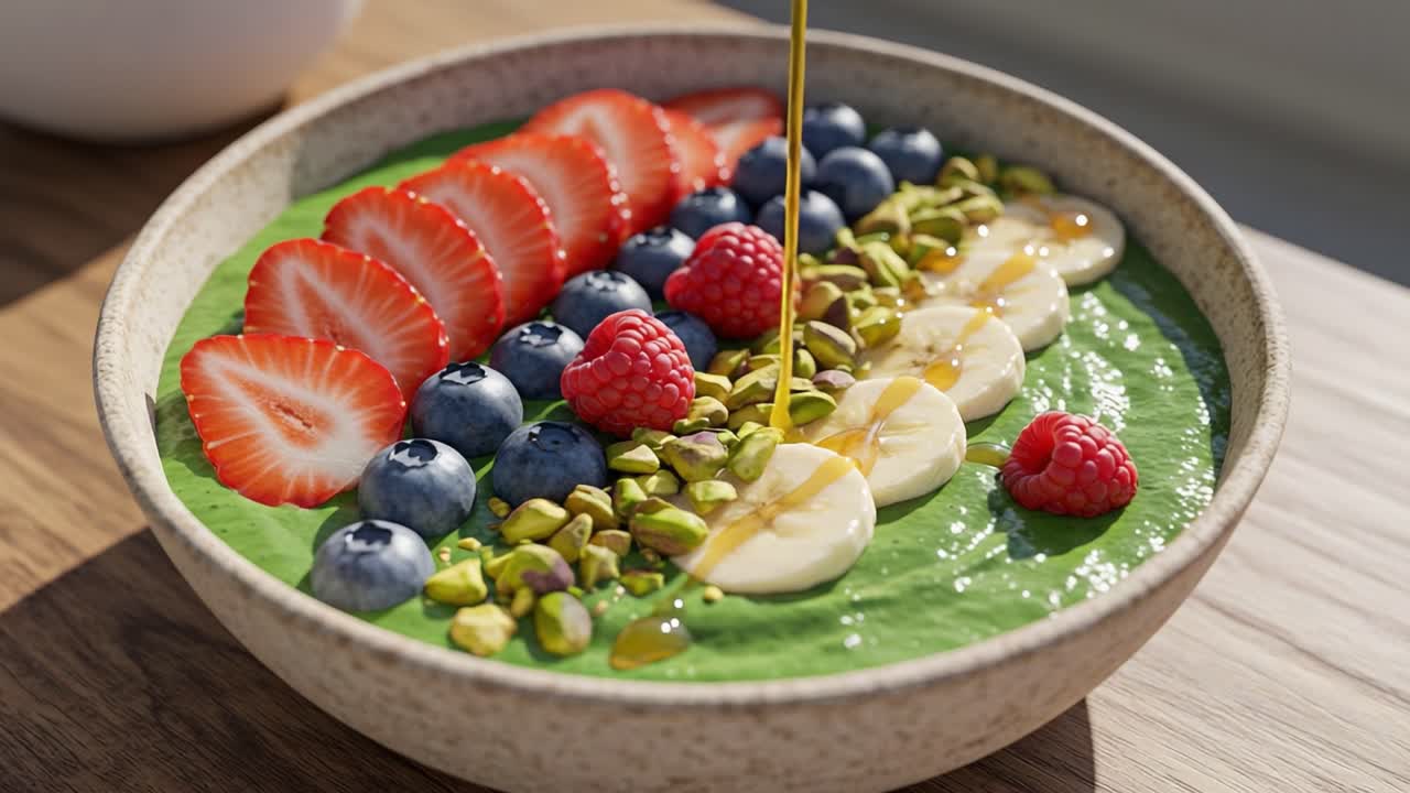 A Colorful and Nutritious Smoothie Bowl Topped with Fresh Fruits, Nuts, and Drizzled Honey, Perfect for a Healthy Breakfast or Snack