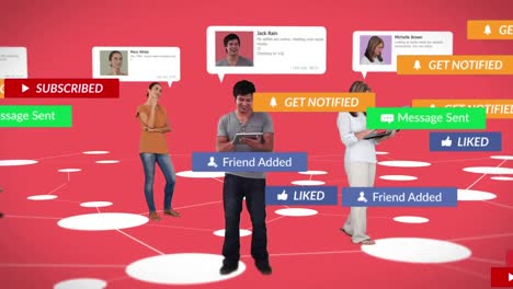 Animation-of-social-media-texts-over-diverse-people-and-connections-on-red-background