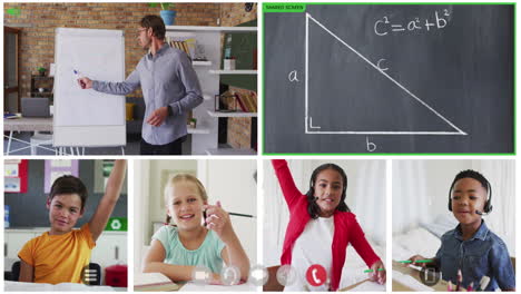 animation of six screens of diverse children, teacher and chalkboard during online maths lesson