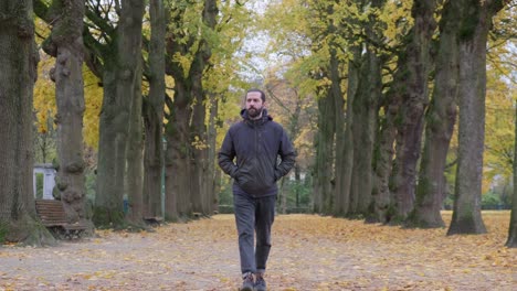 Hombre-Caminando-En-Jubelpark-En-Cinquantenaire-En-El-Centro-De-La-Ciudad-De-Bruselas-Temporada-De-Otoño---Toma-De-Cámara-Constante