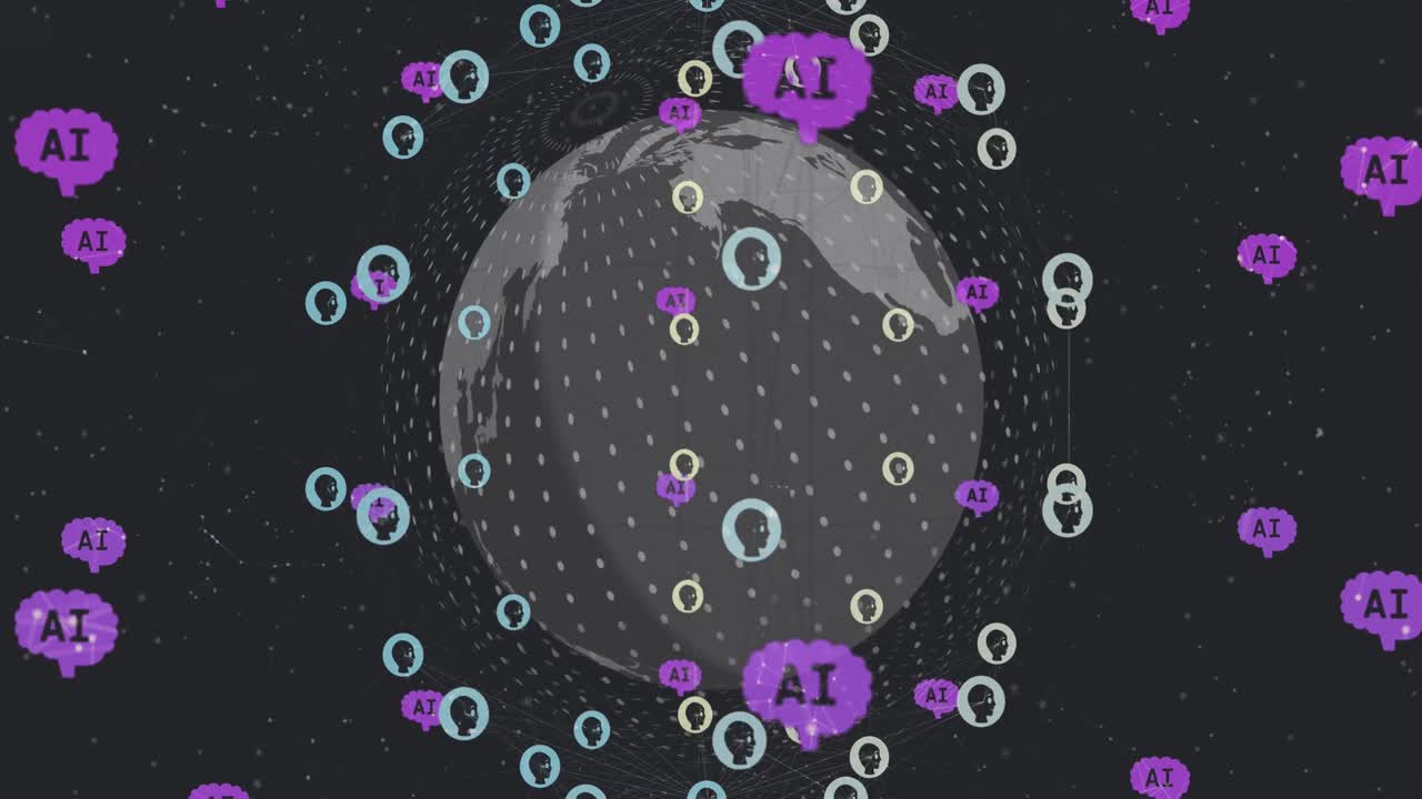 анимация любой обработки данных с иконками, глобусом и сетью соединений