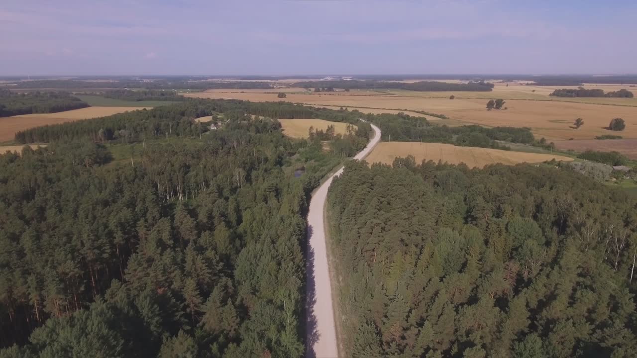 Štěrková polní cesta vede lesem za slunného letního dne. Letecký Dolly Out