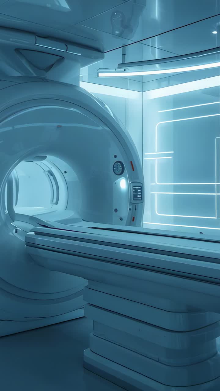 Video verticale: Telecamera a panoramica che mostra uno scanner TC, un tavolo e una console in clinica, indicando la prontezza operativa.