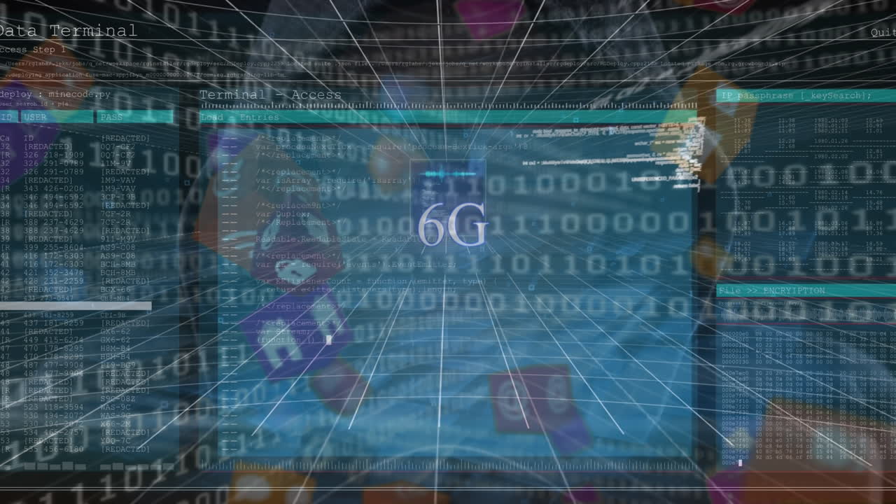 Animation of 6g text, globe and data processing over caucasian hacker