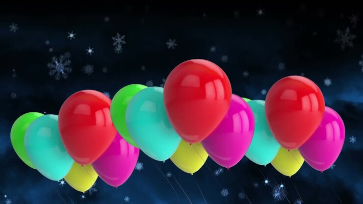 Animazione di palloncini colorati che volano sopra la neve