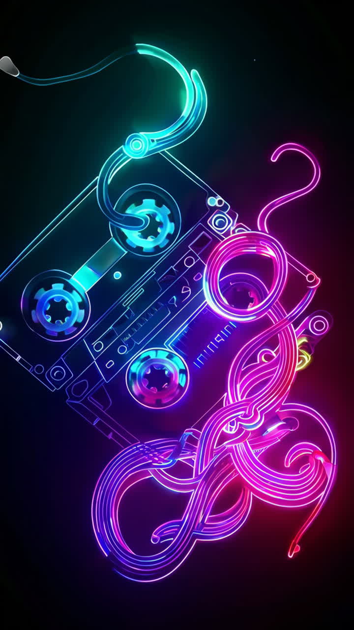 Neon Glow Cassette Tape with Abstract Musical Lines
