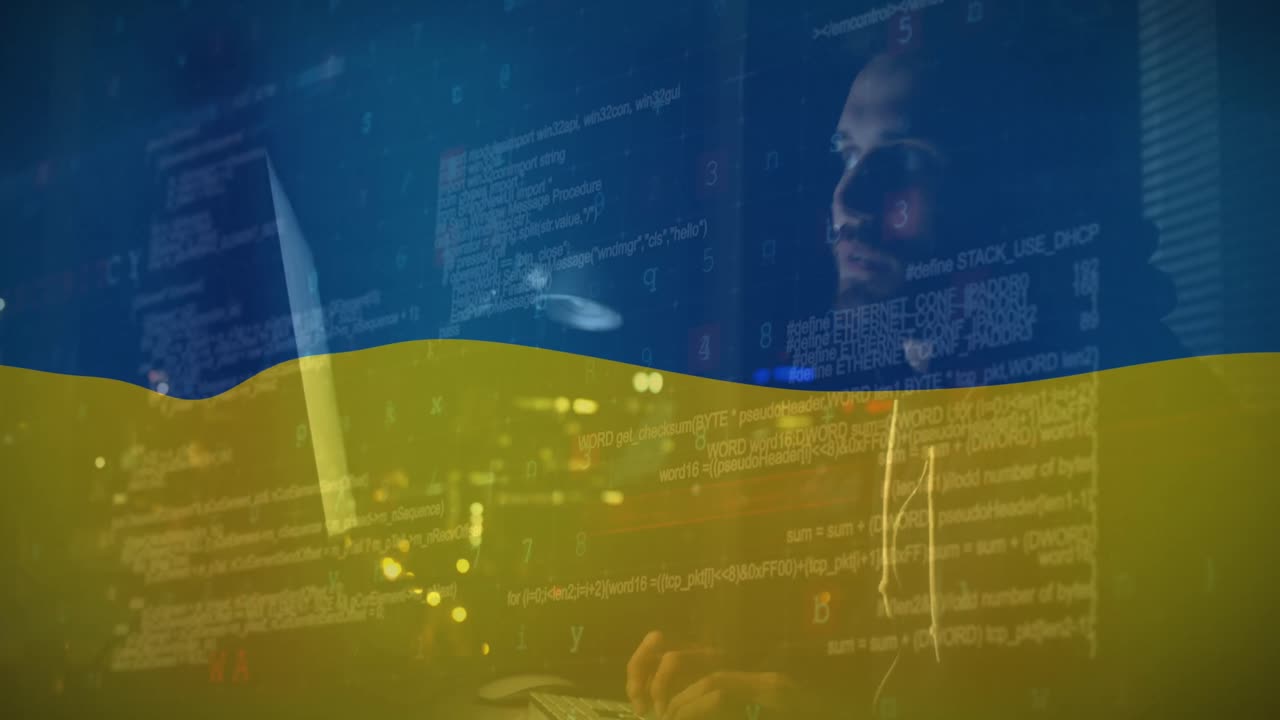 애니메이션 카우카스 남성 해커와 우크라이나  ⁇ 발에 대한 데이터 처리