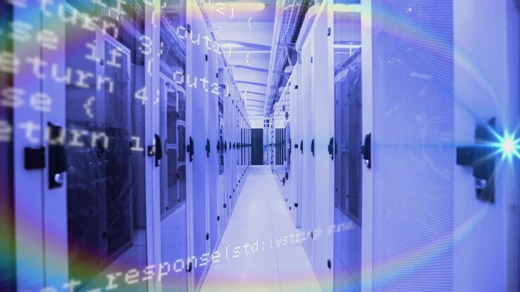 Code overlay starting over server aisle, color ring expanding, star drifting, visualizing data flow