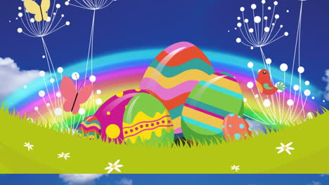 animación de huevos coloridos y gráfico de arco iris