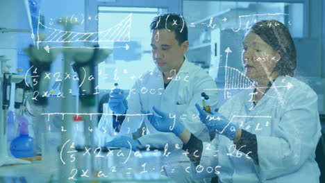 ecuaciones matemáticas en movimiento contra dos científicos que trabajan en el laboratorio